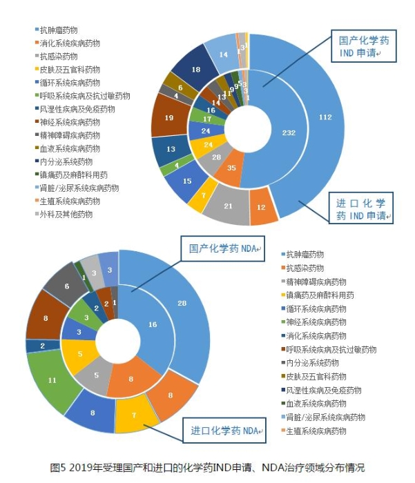 图5 2019年受理国产和进口的化学药IND申请、NDA治疗领域分布情况