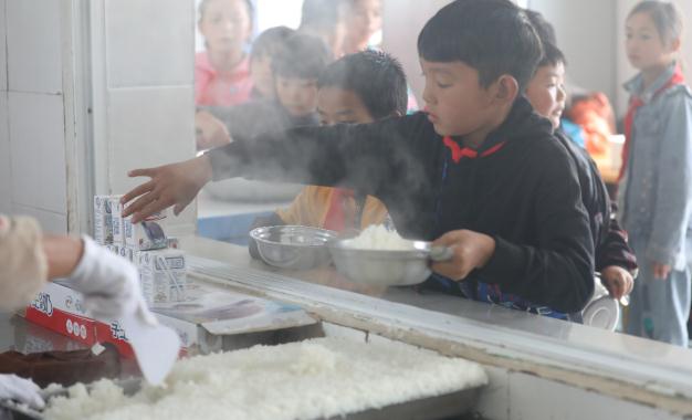 鹊落小学的孩子们午饭时领取学生奶