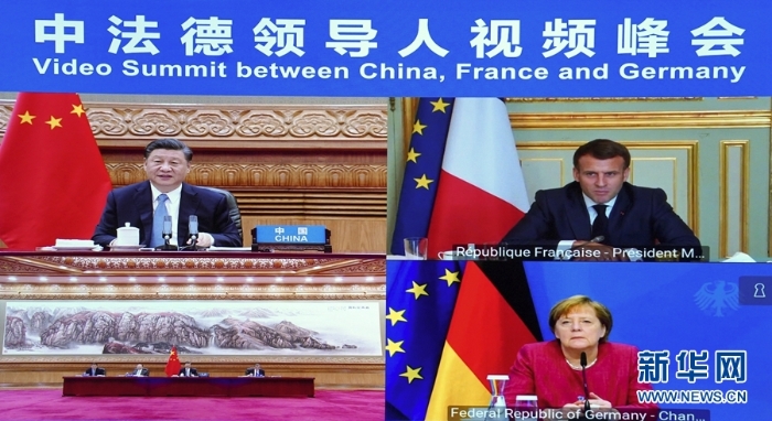 4月16日下午，国家主席习近平在北京同法国总统马克龙、德国总理默克尔举行中法德领导人视频峰会。新华社记者 岳月伟 摄