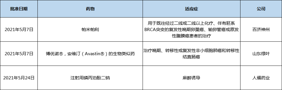 表3 2021年5月中国批准上市的新药