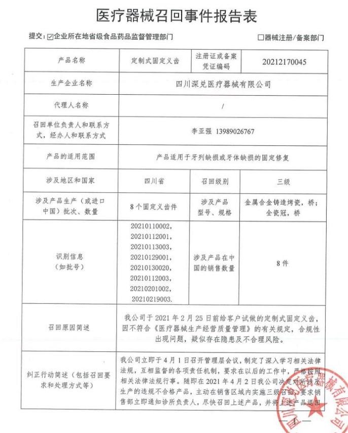 医疗器械召回事件报告表1