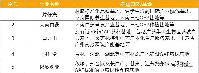 表 3：2020年上市企业市值TOP5企业所建中药材生产基地