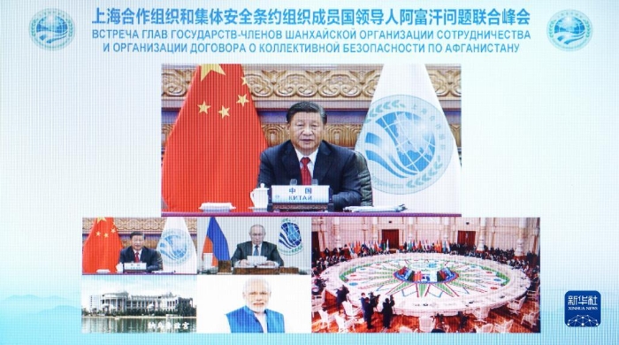 9月17日，国家主席习近平在北京以视频方式出席上海合作组织和集体安全条约组织成员国领导人阿富汗问题联合峰会并发表重要讲话。新华社记者 刘彬 摄