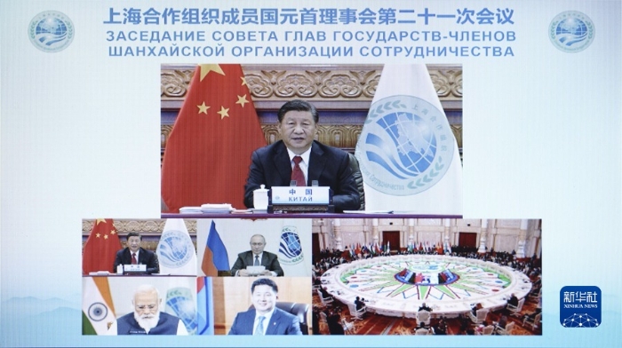 9月17日，国家主席习近平在北京以视频方式出席上海合作组织成员国元首理事会第二十一次会议并发表重要讲话。新华社记者 刘彬 摄