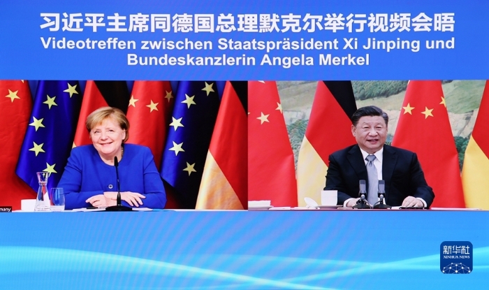 10月13日，国家主席习近平在北京同德国总理默克尔举行视频会晤。新华社记者 刘彬 摄