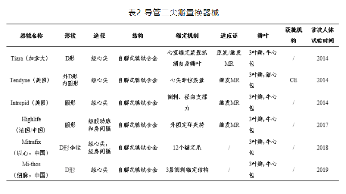 表2　部分已获批上市和在研经导管二尖瓣置换器械