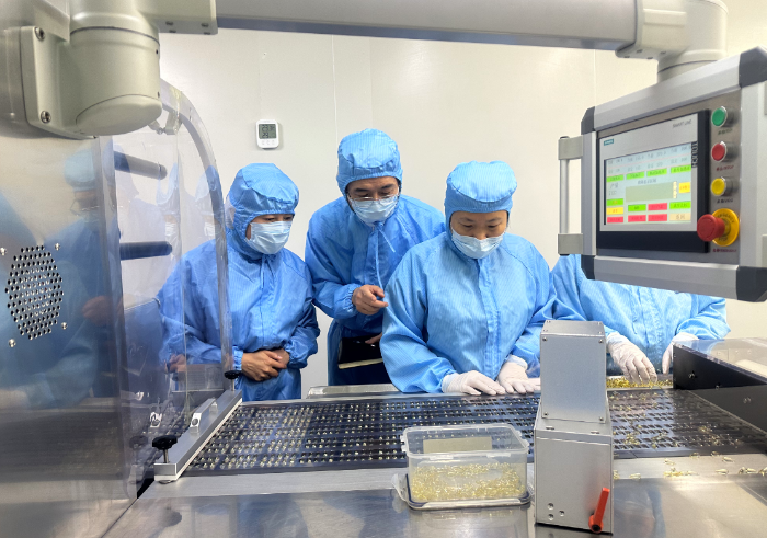 图为第二分局监管人员在儿童药品生产企业对铝塑包装工序进行检查指导。