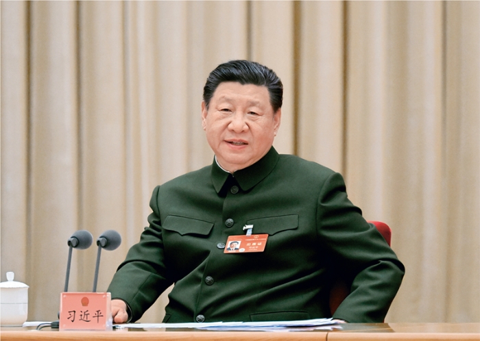 2024年3月7日下午，中共中央总书记、国家主席、中央军委主席习近平出席十四届全国人大二次会议解放军和武警部队代表团全体会议并发表重要讲话。 新华社记者 李刚/摄