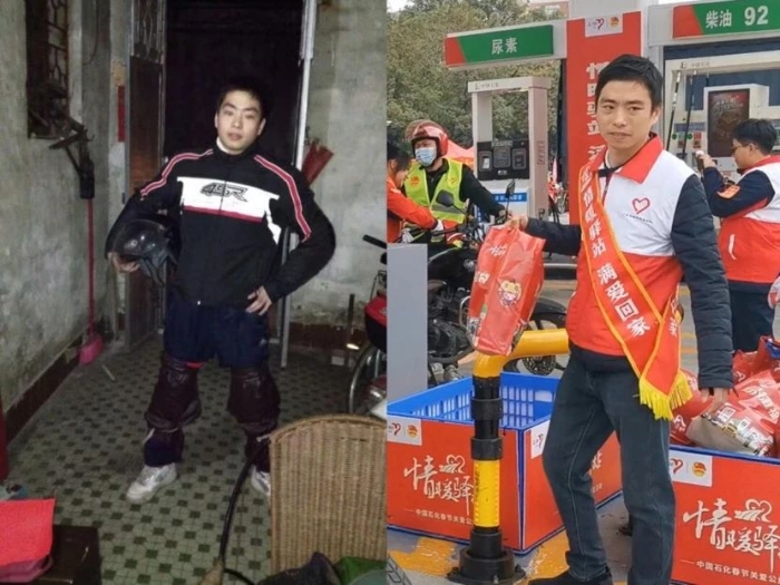 左图为王富忠2015年第一次开摩托车返回家乡（采访对象供图），右图为王富忠2025年在广东佛山龙山加能站做志愿者服务。（魏晓航 摄）