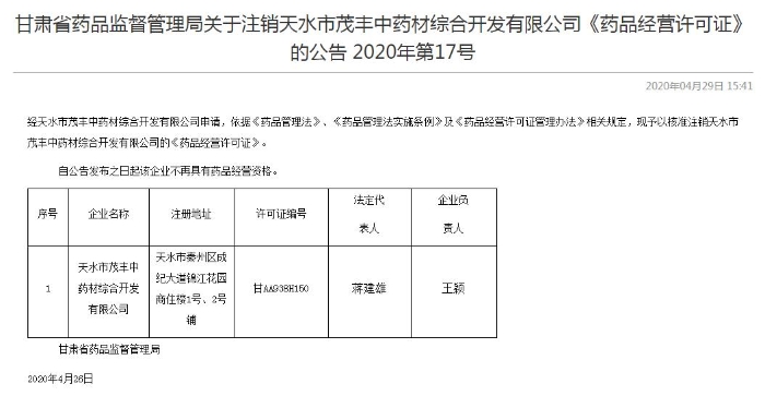 甘肃省药监局核准注销天水茂丰药品经营许可证