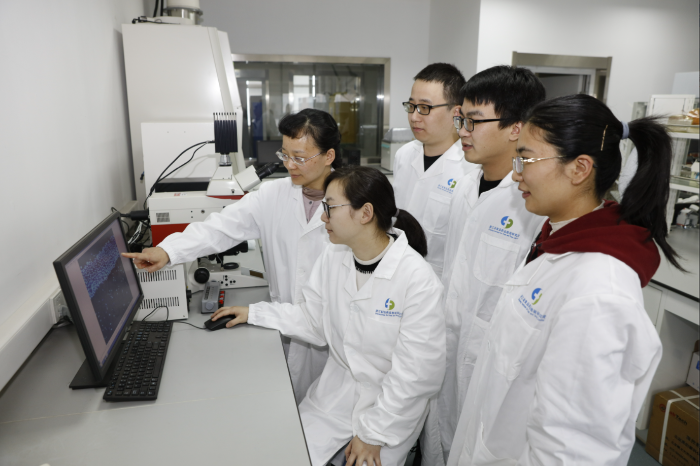 图为实验人员在探讨牛角膜浑浊和渗透性试验病理切片实验结果