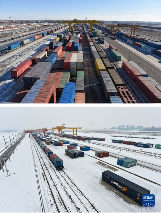 拼版照片：上图为2021年2月6日拍摄的新疆霍尔果斯铁路口岸换装场内的换装作业场景（新华社记者 丁磊 摄）；下图为2013年12月25日拍摄的新疆霍尔果斯火车站换装场（新华社记者 江文耀 摄）。新华社发